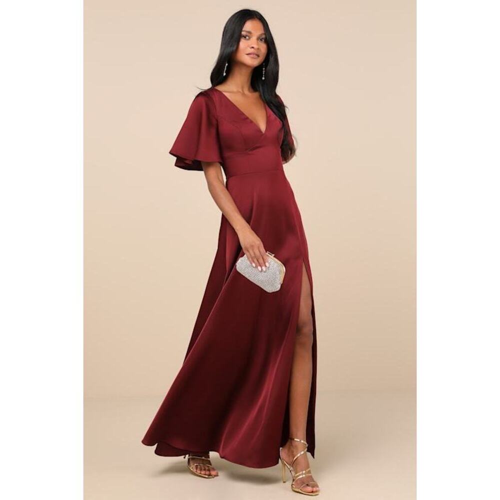 Lulus Elegant Confidence Red Satin Flutter Sleeve Cutout Maxi Dress - Size M